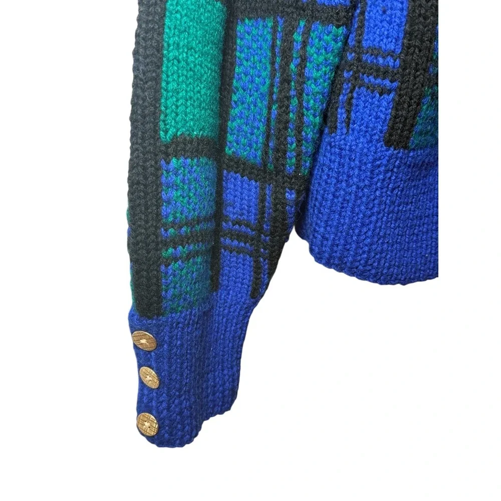 CARLISLE SPORT Plaid Wool Knit Sweater Jacket Blue Green Black Gold‎ Button M